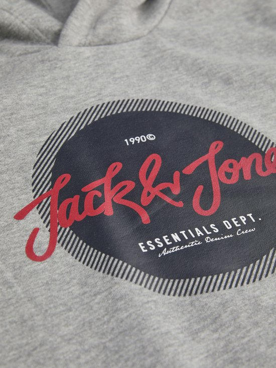Grijze hoodie met een ronde, donkerblauwe print. De print heeft de tekst "Jack & Jones" in het rood.
