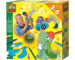 SES Creative - Jonge Ingenieurs Dino's - bouw zelf 4 bewegende dino's en bouwvoertuigen - inclusief 6 viltstiften - Dinosaurus Speelgoed