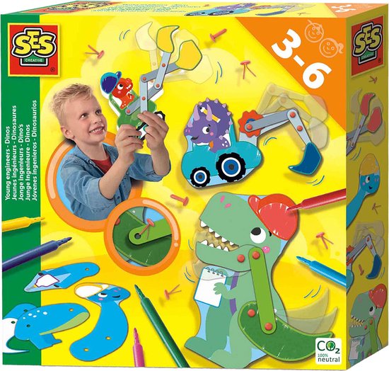 SES Creative - Jonge Ingenieurs Dino's - bouw zelf 4 bewegende dino's en bouwvoertuigen - inclusief 6 viltstiften - Dinosaurus Speelgoed
