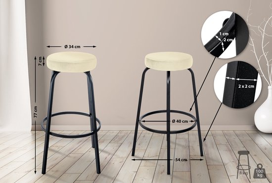 Tabouret de bar CLP Kamari - avec structure en métal - avec repose-pieds - crème