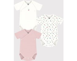 Petit Bateau Set van 3 overslagrompertjes met korte mouwen in bedrukte katoen Unisex Rompertje - Roze;Wit;Rood