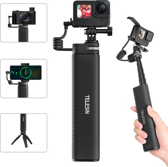 Telesin Oplaadbare selfiestick 90cm – Ingebouwde 10.000 mAh powerbank – Opladen tijdens het filmen – Voor action cam, camera en smartphone – Stof-en waterbestendig – Zwart