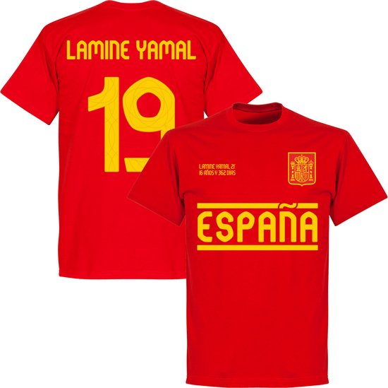 Rood T-shirt met op de voorkant 'ESPAÑA', het Spaanse wapen en 'LAMINE YAMAL 21 16 AÑOS Y 362 DIAS'. Achterkant met 'LAMINE YAMAL' en nummer '19'.
