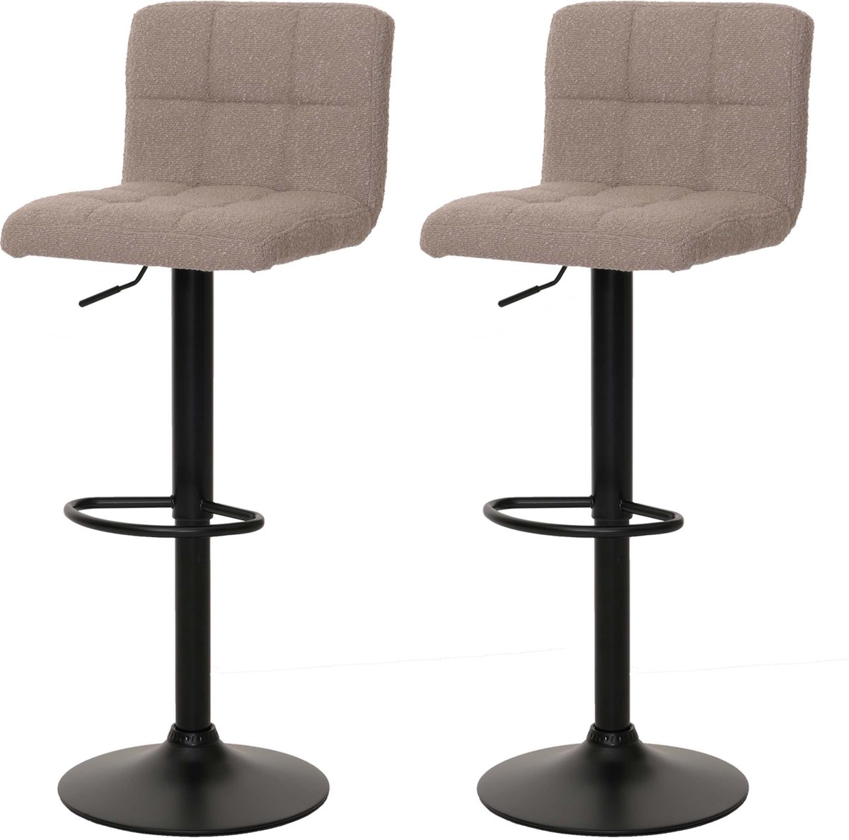 Set van 2 barkrukken MCW-G87, barkruk barstoel, in hoogte verstelbaar draaibaar, Boucle stof (450g/m²) ~ taupe