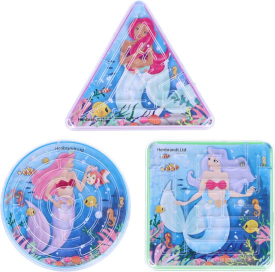 Drie doolhofspelletjes: een driehoekig met roze zeemeermin, een rond met roze zeemeermin en een vierkant met blauwe zeemeermin.