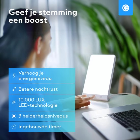 Daglichtlamp 10.000 Lux - Ingebouwde Timer - 3 Standen - Meer Energie - Nachtrust - LED Bureaulamp - Daylight Lamp - Winterdepressie - Gezicht - Lichttherapielamp - Wit - Silvergear