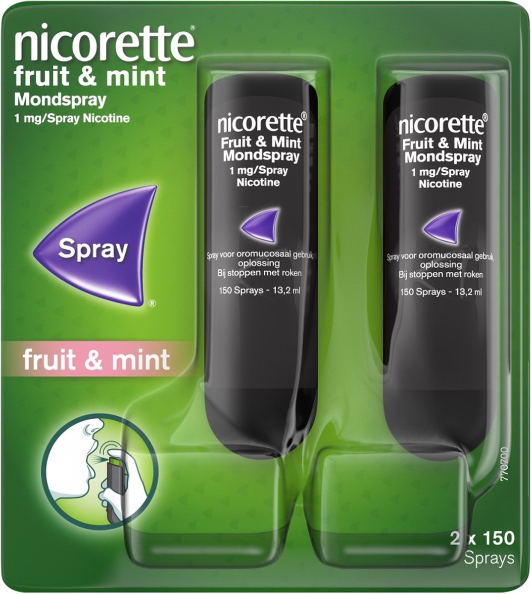 Goedkoopste Nicorette Mondspray Fruit & Mint 1mg/spray - nicotinevervanger - stoppen met roken - 2 x 13,2 ml (2 x 150 sprays