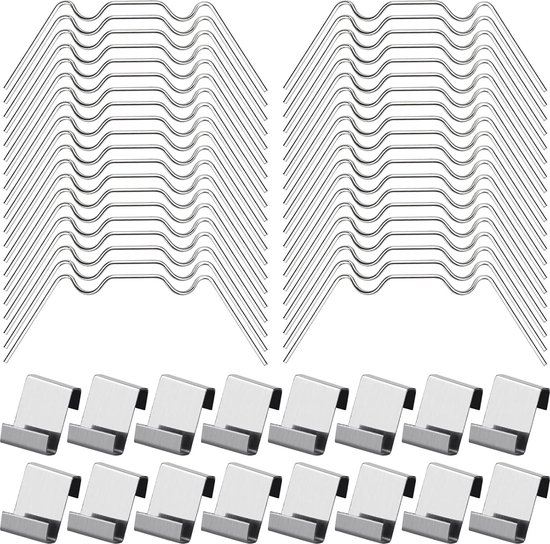 Grote set van zilverkleurige W-clips en stapeltjes zilverkleurige Z-clips van metaal.