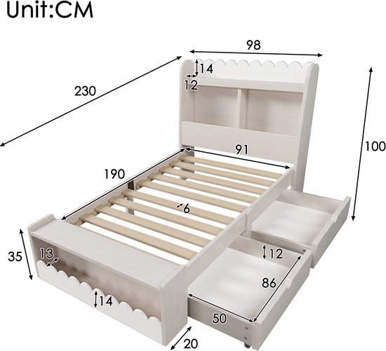 KOMHTOM Lit d'enfant en Bois avec 2 Tiroirs et Espace de Rangement - Lit Simple avec Support à Lattes, 90x200 cm