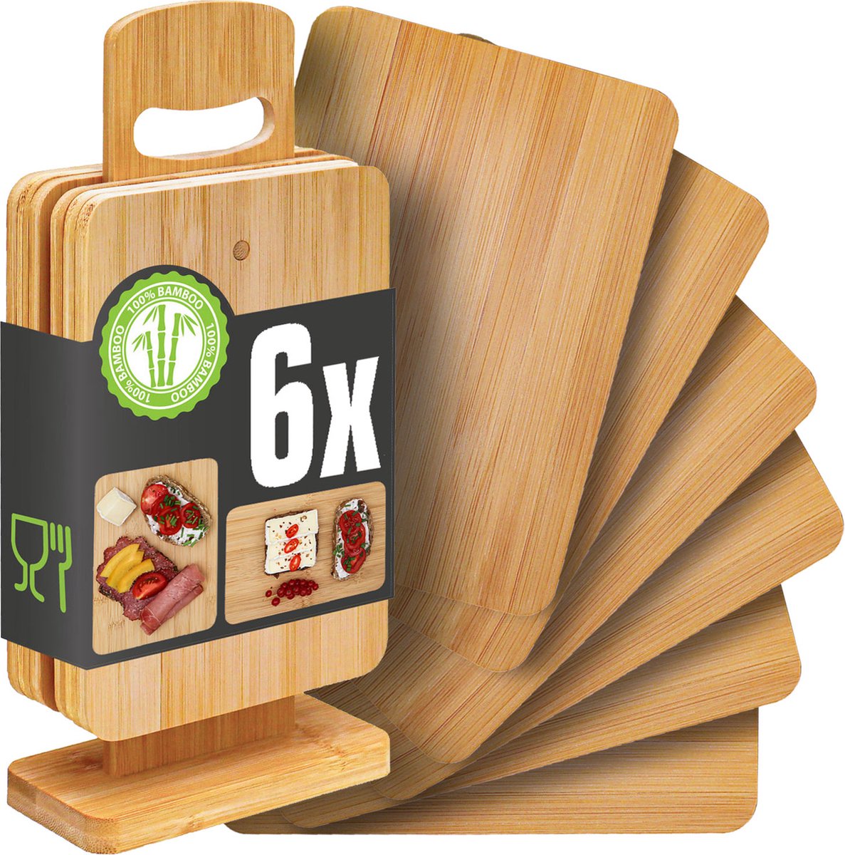 Set van 6: Houten Broodplankjes met Standaard - 22x15 Ontbijtplanken met Houder - Serveerplanken