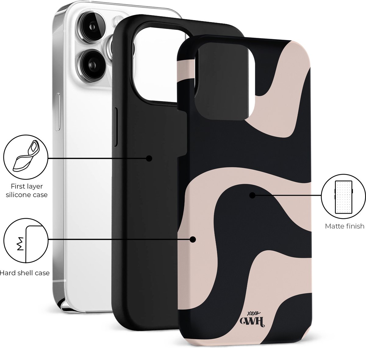 iPhone 16 Pro hoesje xoxo Wildhearts Double Layer met AirPods Pro 2 case zwart beige schokbestendig - Afbeelding 5