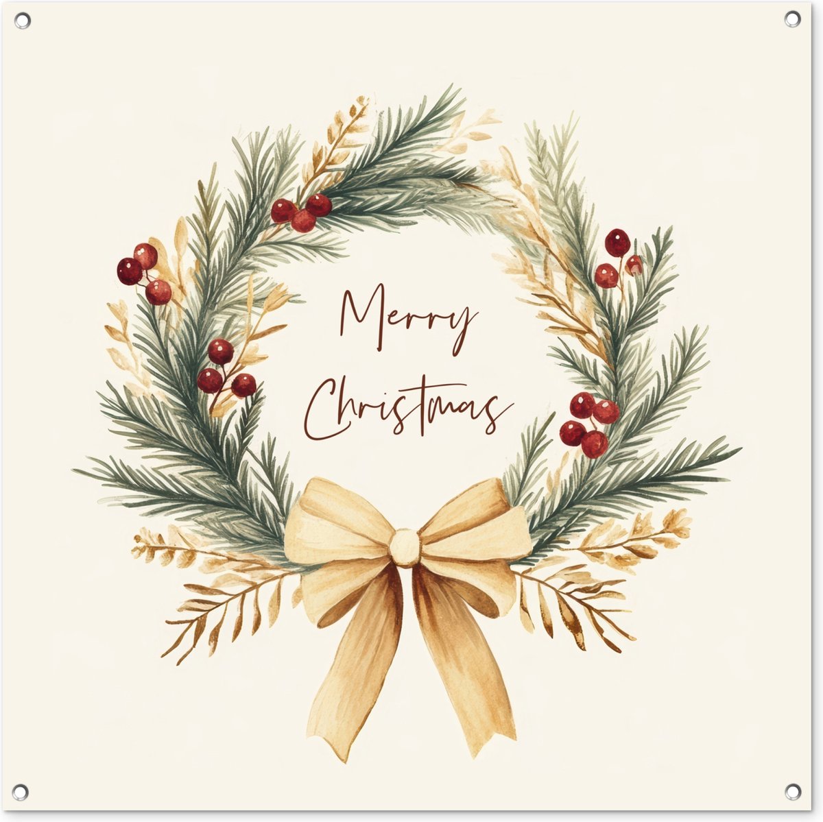 Tuinposter 100x100 cm - Tuindecoratie Kerstkrans - Kerst - Goud - Beige - Poster voor in de tuin - Buiten decoratie - Schutting tuinschilderij - Tuindoek muurdecoratie - Wanddecoratie balkondoek - Kerstversiering - Kerstdecoratie