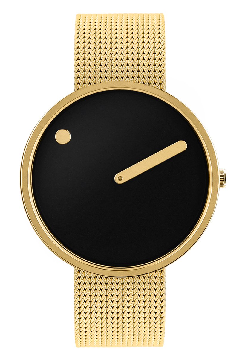 Picto Design Horloge Zwarte Wijzerplaat, Goud Stalen Mesh Horlogeband 43387-0920G - Uniseks - 40mm