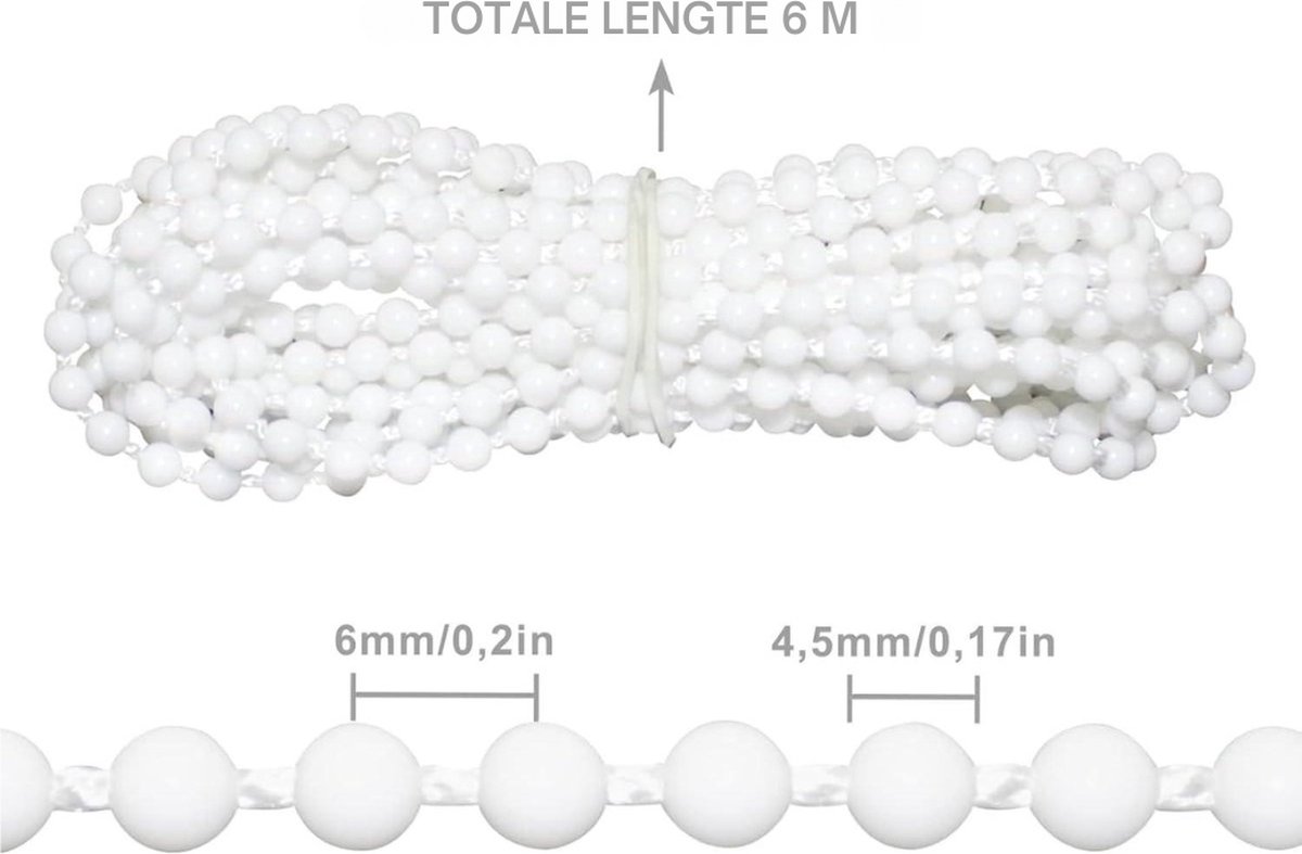 Ketting Vervangingsketting Rolgordijn - 10 stuks Kettingverbinders - 6 Meter Wit - Parelketting - Reserveonderdeel - Verticaal 45 mm - Eindeloze Ketting Rolgordijn