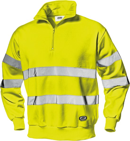 Geel werkshirt met ritssluiting, dubbele reflecterende banden op romp en mouwen. Merklogo op de borst en zoom.