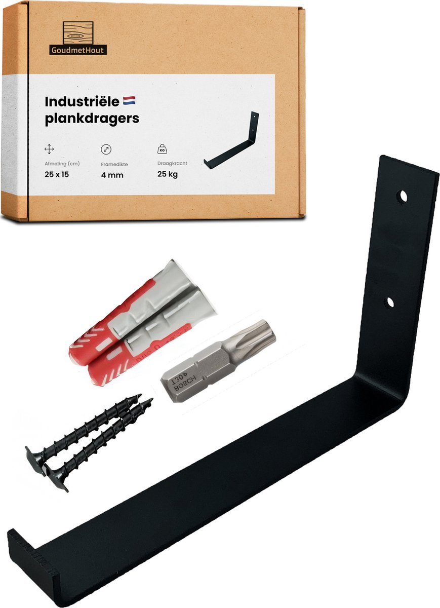 GoudmetHout® Industriële Plankdragers L-vorm UP - 25 cm - Stalen Plankdrager voor Wandschap, Muurrek of Wandconsole - Max 25 kg - 1 stuk - Mat Zwart