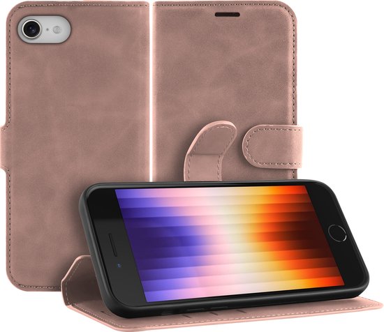 Roze telefoonhoesje in boekstijl met telefoon in neutrale stand.