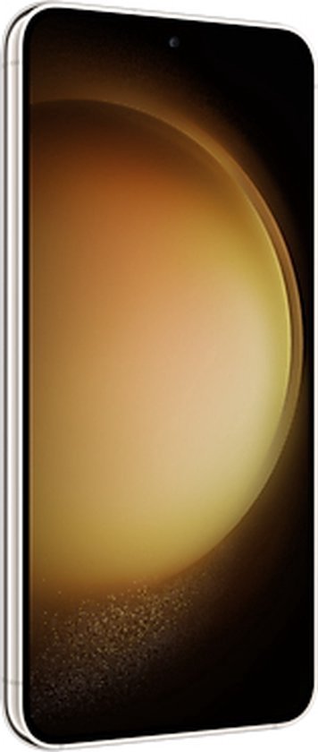 Rechts zijaanzicht van de crème Samsung Galaxy S23 met een helder scherm.