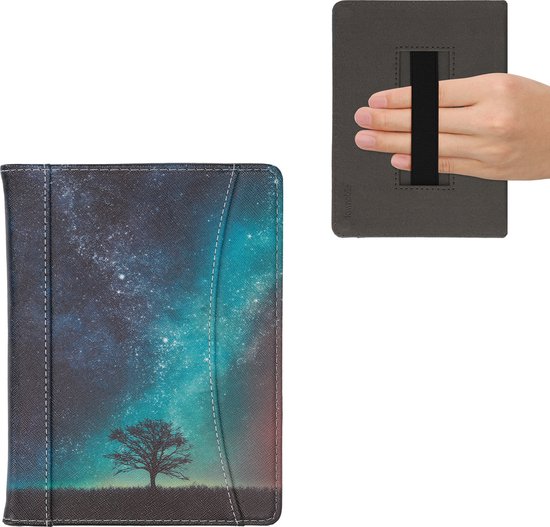 kwmobile flip cover geschikt voor Kobo Aura H2O Edition 2 - Hoes met handgreep en voorvak voor e-reader - Book case in blauw / grijs / zwart - Sterrenstelsel en Boom design van Merkloos — afbeelding 2