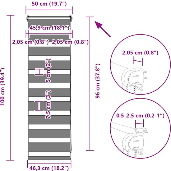 vidaXL - Zebra - store enrouleur - 55x100 - cm - largeur du tissu - 50,9 - cm - noir