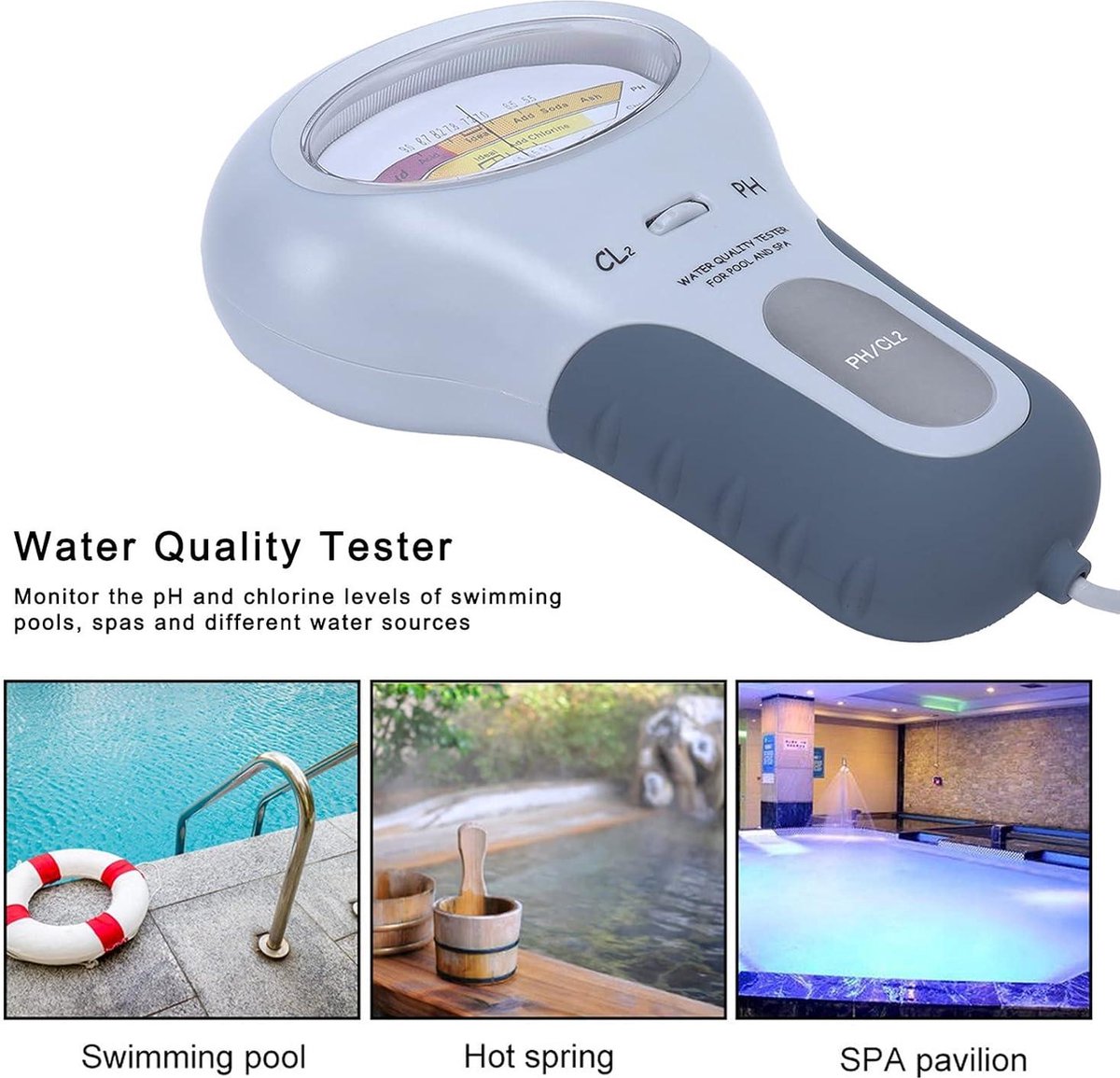 2-in-1 chloor & pH-meter zwembad tester, CL2 niveaumeter test spa waterkwaliteit analyse monitoring monitor analyzer, draagbare hand