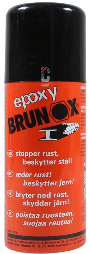 Oranje spuitbus met zwarte dop, met Epoxy BRUNOX en "no stopper rust, beskytter stål!"