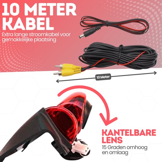 Zwarte 10 meter kabel met rode en zwarte draden en gele RCA-stekkers. Kantelbare lens 15 graden omhoog en omlaag.