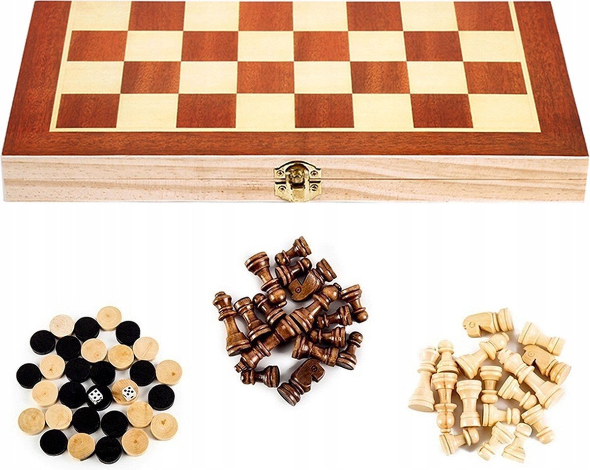 Schaakspel, 3-in-1 schaakbord, hout, hoogwaardig schaakbord, dames, backgammon, draagbaar en opvouwbaar, voor kinderen en volwassenen, feest en