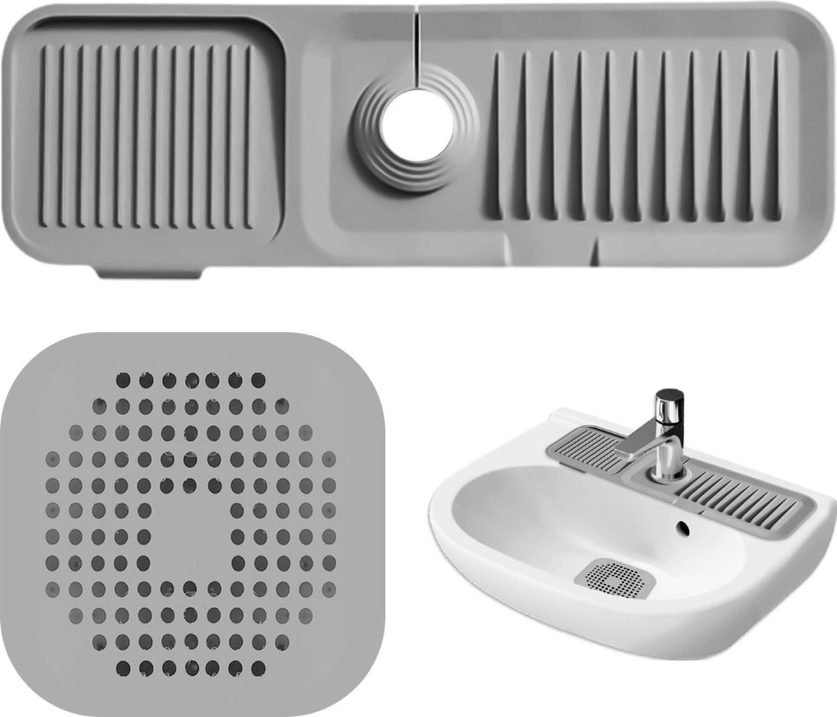 Goedkoopste Goodivery ® Siliconen Wateropvang- en Afvoerpad Set voor Keuken en Badkamer, Grijs