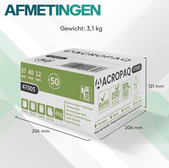 Een doos met 50 thermische papierrollen, afmetingen 57mm x 40mm x 12mm, lengte 19.7m. BPA-vrij, FSC gecertificeerd.