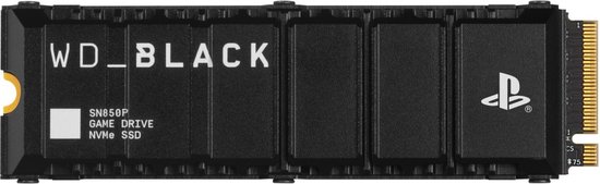 Zwarte WD_BLACK SN850P NVMe SSD met koellichaam en PlayStation-logo.