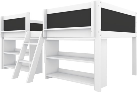 Sweiko Lit enfant mi-hauteur 90*200 cm, étagère graffiti et étagères de rangement, pin, sans matelas, blanc