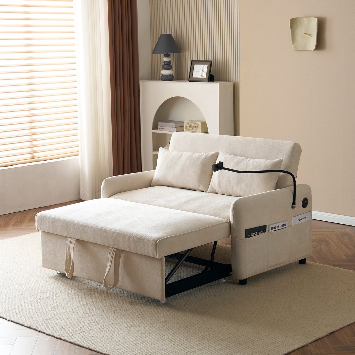 Sweiko Slaapbank met slaapfunctie, opklapbare slaapbank, verstelbare rugleuning, houder voor mobiele telefoon, USB-oplaadpoort, beige