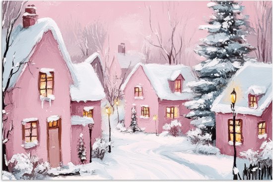 Poster 30x20 cm - Kerstdorp - Roze - Winter - Sneeuw - Huizen - Posters - Kamer decoratie - Wanddecoratie woonkamer - Kerstdecoratie voor binnen - Kerstversiering - Kerstmis versiering in huis - Kerstaccessoires