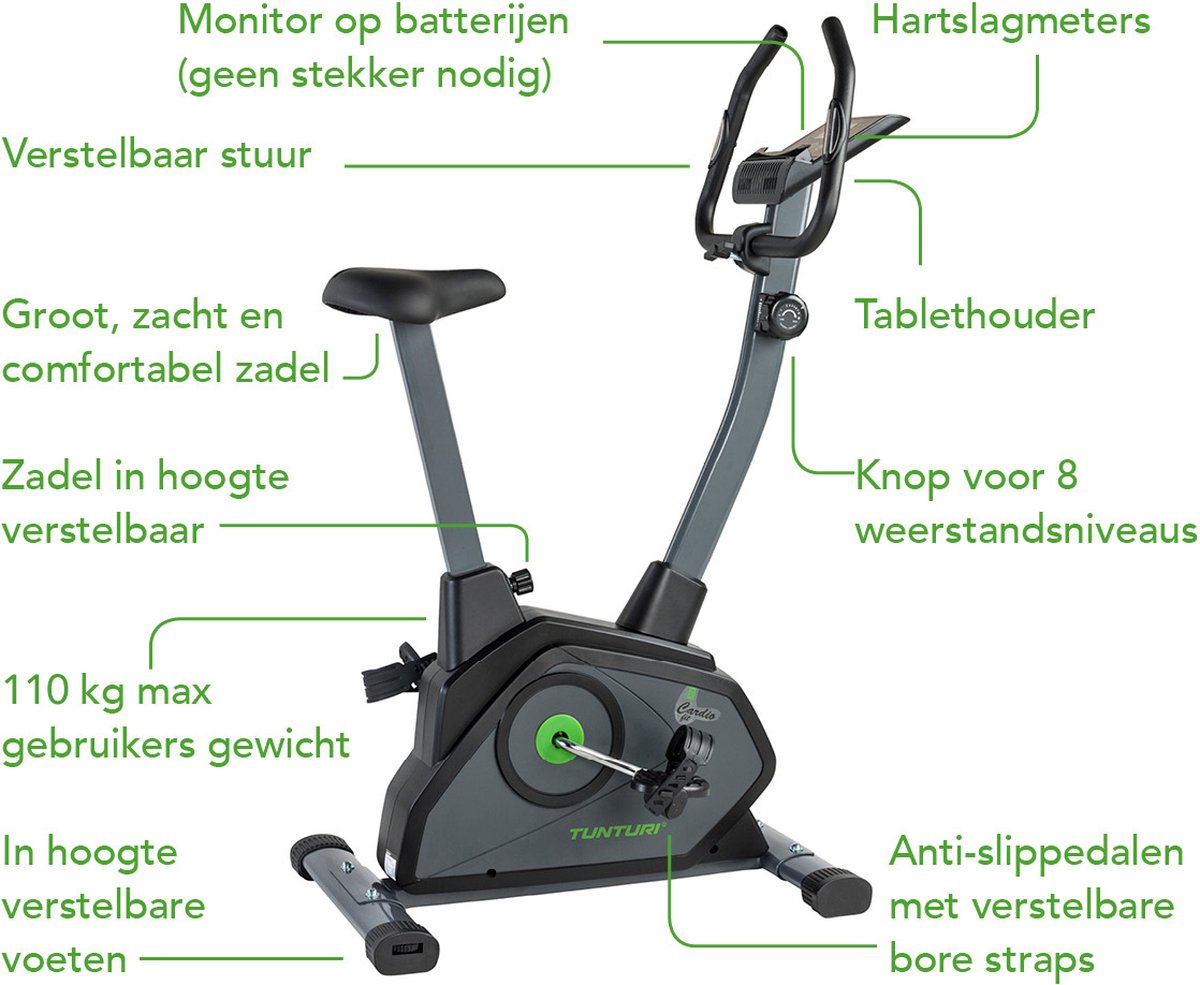 Afbeelding 3 van Tunturi Cardio Fit B35 Hometrainer - Fitnessfiets - 8 weerstandsniveaus - Hartslagmonitor - Ergonomisch - Verstelbaar stuur - Transportwielen - Versterkt frame