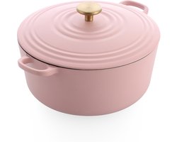 BK Bourgogne Braadpan Gietijzer 28cm/6.7l - inductie braadpan - gietijzeren braadpan - ovenbestendig tot 230 graden - deksel met druipringen - wit geëmailleerde binnenkant - Blush Pink