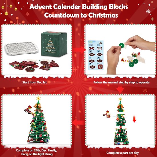 Adventskalender 2024 Kerstboom Bouwstenen Speelgoedset met LED-licht