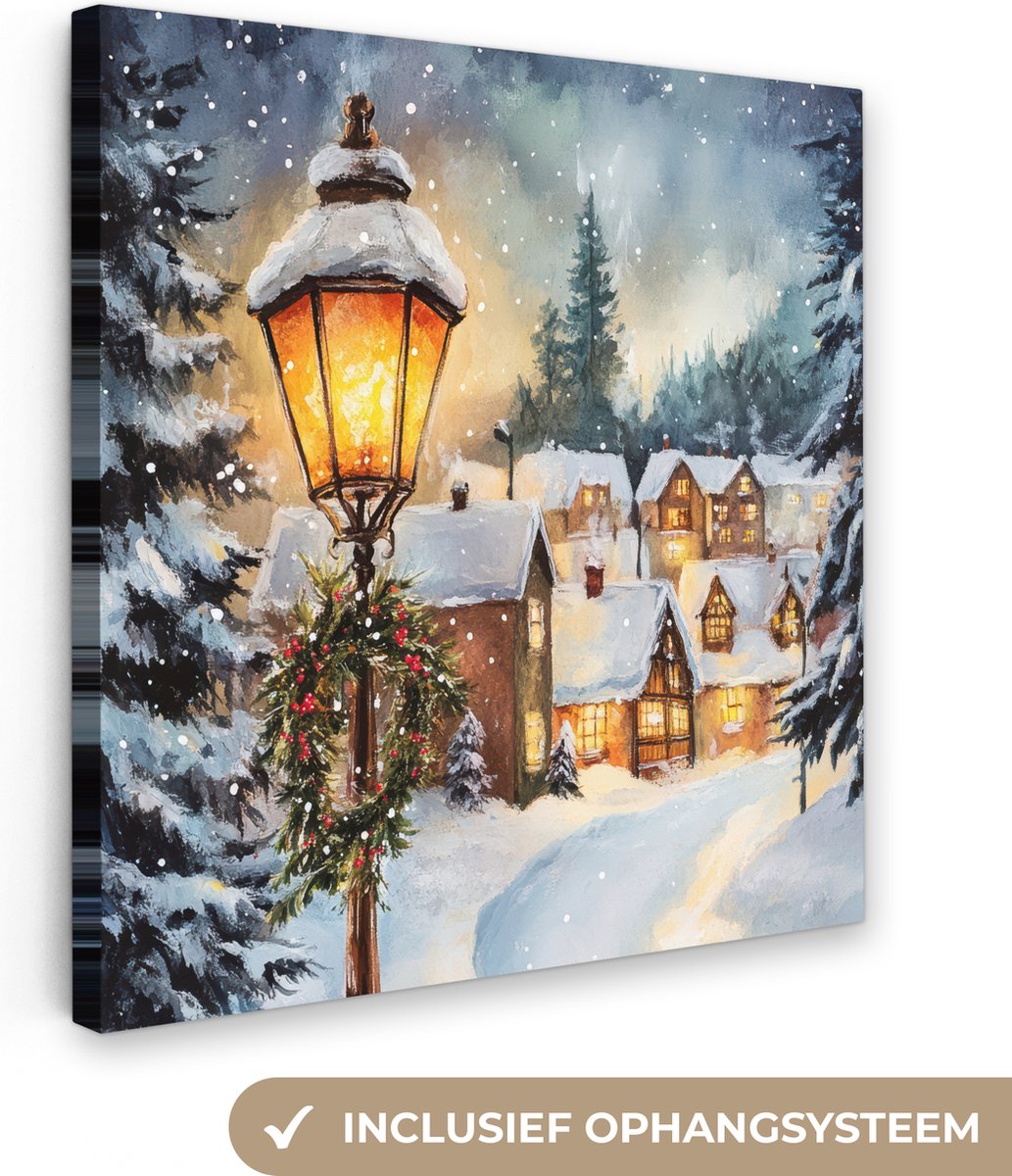 Canvas schilderij 20x20 cm - Wanddecoratie Kerstdorp - Huizen - Sneeuw - Kerst - Muurdecoratie woonkamer - Slaapkamer decoratie - Kamer accessoires - Schilderijen op canvas - Kerstdecoratie voor binnen - Kerstversiering - Kerstmis versiering