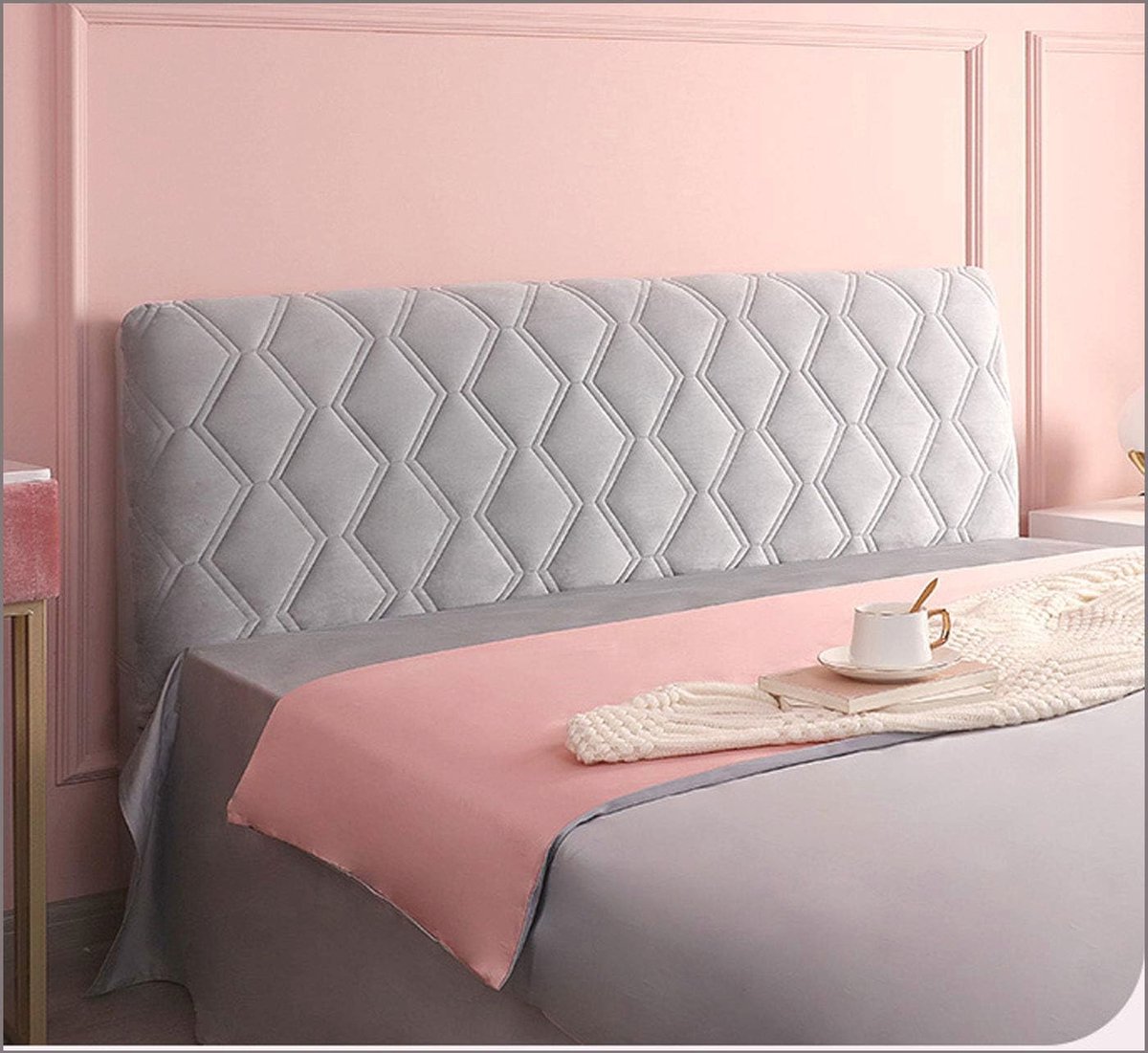 Hoofdeinde hoes voor tweepersoonsbed - Premium elastische fluwelen bescherming - Lichtgrijs 180 cm