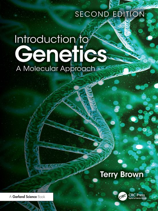 Boekomslag: "Introduction to Genetics: A Molecular Approach" tweede editie, met een DNA-helix in groen en blauw.