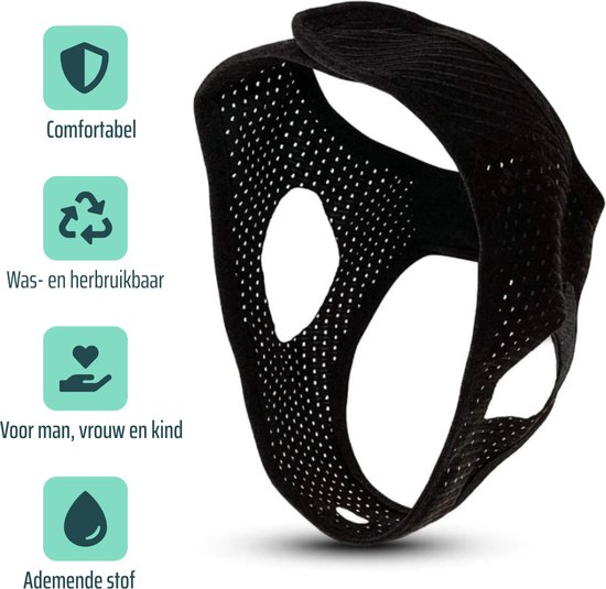 Een zwart, ademend antisnurk masker met grote gaten voor oren en een opening voor de kin. Met icoontjes: comfortabel, wasbaar, voor iedereen, ademende stof.