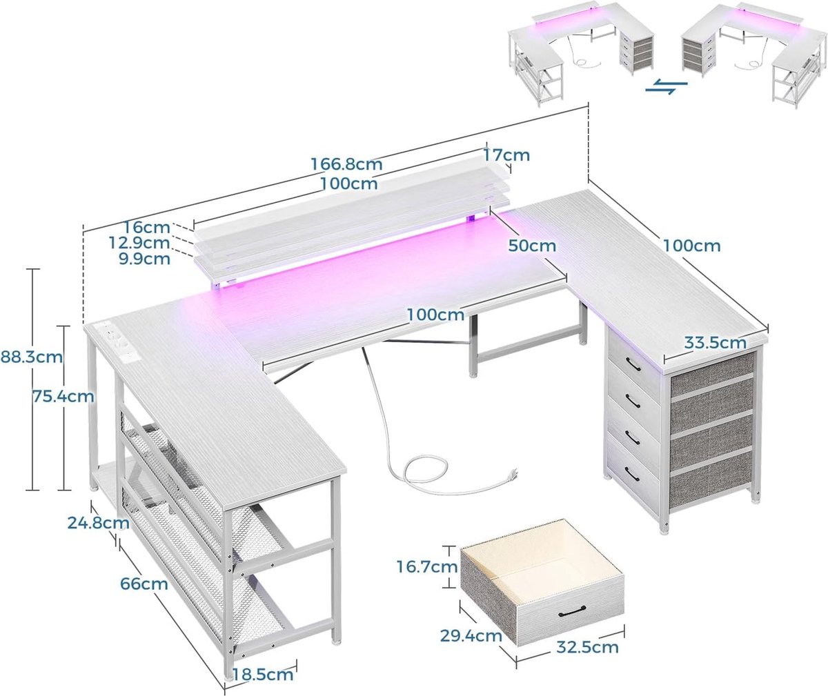 U-vormig bureau - 4 laden - LED-verlichting - USB-oplaadpoorten - Thuiskantoor