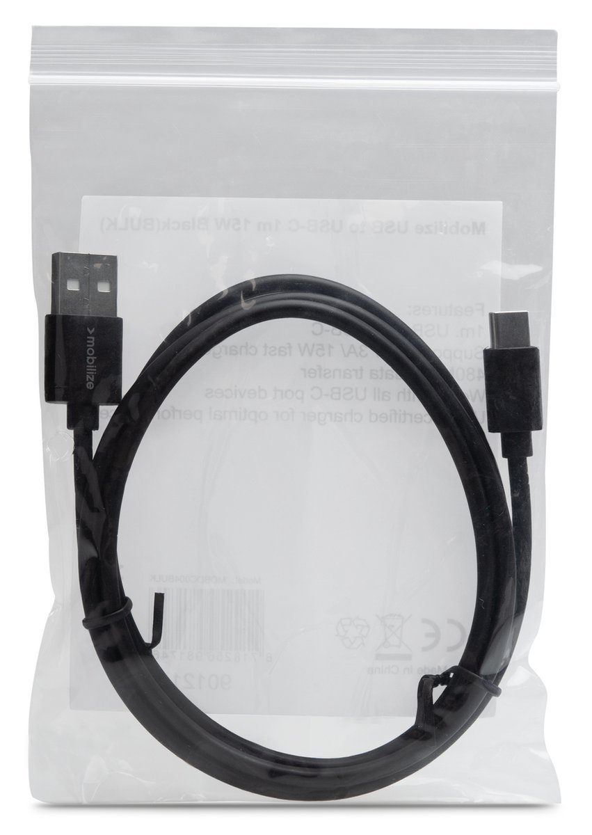 Mobilize USB-A naar USB-C Kabel 1 Meter - Zwart