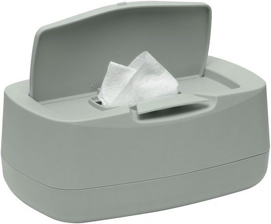Lichtgrijze vochtig doekjesdispenser met open deksel met witte doekjes erin.