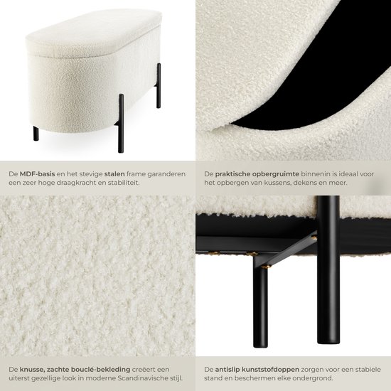 tectake - banc rembourré - banc en MDF Lanja - avec tissu bouclé et espace de rangement - blanc crème
