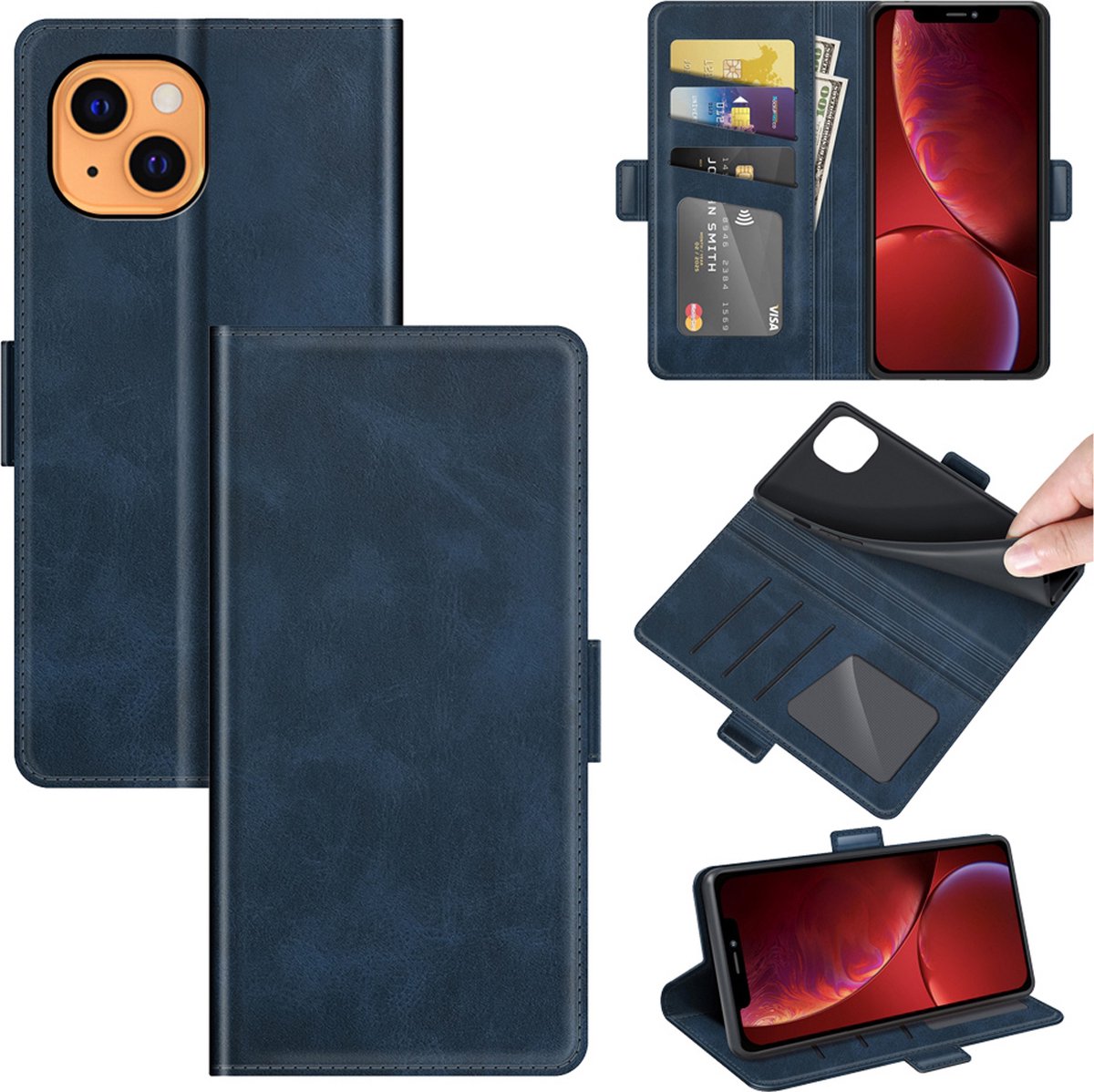 MobyDefend Hoesje - Geschikt voor iPhone 13 - Luxe Wallet Book Case (Sluiting Zijkant) - Blauw