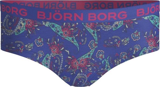 Blauwe hipster met paisley print en rode logo band.