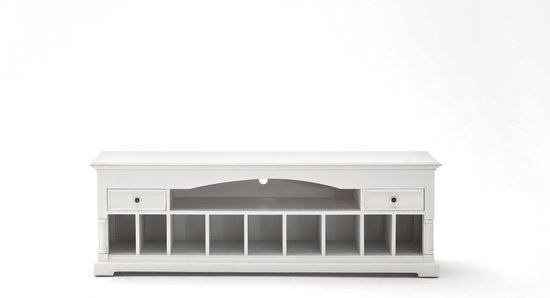 Provence tv-meubel met 2 lades, 1 plank en meerdere kleine vakken, in wit.
