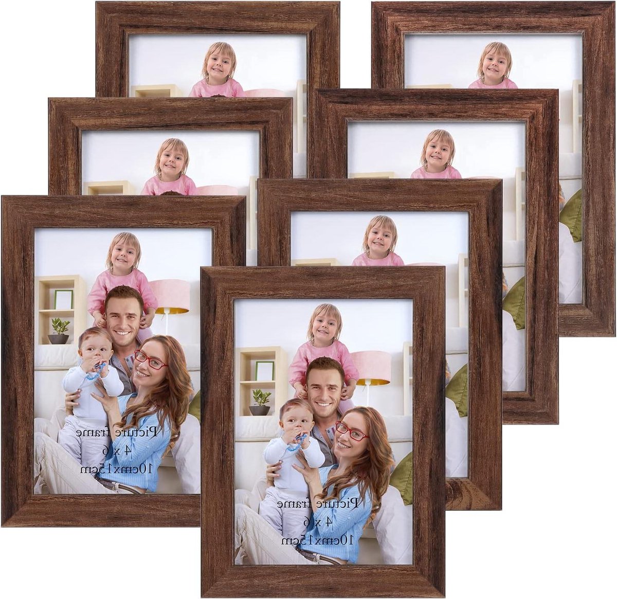 10x15 cm bruine fotolijst met glasplaat - 7-delige set fotolijsten voor meerdere afbeeldingen - cadeau voor vriend - horizontaal of verticaal te plaatsen op tafel of aan de muur