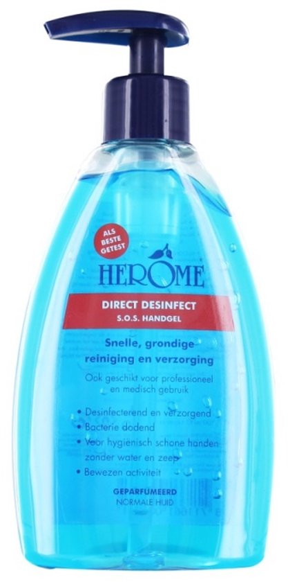 Fles met donkerblauwe pompdispenser gevuld met blauwe desinfecterende handgel.